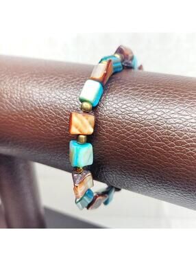 Mother of Pearl Shell Blue Brown Stretch Bracelet